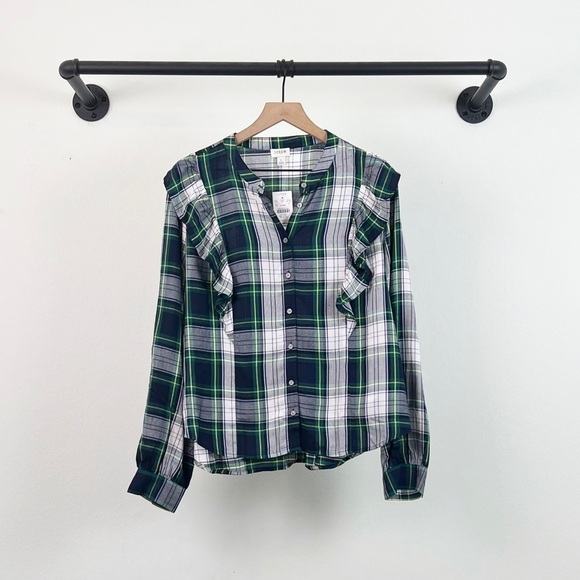 NWT J. Crew Factory Ruffle button-front plaid top - Picture 2 of 6